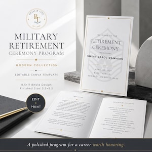 May include: A white bifold military retirement ceremony program template with gold accents. The front cover features the text "Welcome to the Retirement Ceremony" honoring SMSGT Carol Danvers. The interior displays a welcome message and sequence of events.