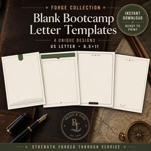 May include: Four blank stationery templates in 8.5 x 11 inch format from the Forge Collection. Each sheet displays a unique border design with subtle star and line accents. The text reads Blank Bootcamp Letter Templates.