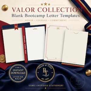 Może przedstawiać: Cztery szablony listów w kolorze kremowym z kolekcji Valor z czerwonymi, białymi i niebieskimi akcentami. Tekst zawiera VALOR COLLECTION, Blank Bootcamp Letter Templates, HONOR, COURAGE, COMMITMENT i SEMPER FIDELIS. Zawiera etykietę 21,6 x 27,9 cm.