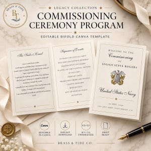 Może przedstawiać: Szablon programu ceremonii oddania do służby w formacie bifold dla Marynarki Wojennej USA, zawierający Sailor's Creed, harmonogram wydarzeń oraz okładkę dla Ensign Steve Rogers. Dokument zawiera tekst, emblemat marynarki i wymiary 8,5 x 5,5 cala.
