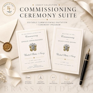 May include: A Commissioning Ceremony Suite featuring an editable invitation and program for Ensign Steve Rogers, United States Navy. The stationery includes gold-bordered cards with a silver and gold eagle emblem, a gold wax seal, and a black fountain pen.