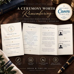 Op de afbeelding: Een bewerkbaar vierpagina's tellend gevouwen programmablad voor een marine ceremonie voor commando-overdracht. Het crèmekleurige papier bevat goudkleurige en marineblauwe tekst, een evenementenplanning, biografieën en tekstvakken.