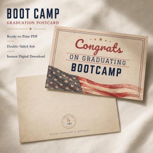May include: A beige postcard with the text Congrats ON GRADUATING BOOTCAMP and a graphic of an American flag. The postcard features a thin border and a small circular logo at the bottom centre with the text BRASS N TIDE MILITARY STATIONERY & KEEPSAKES.