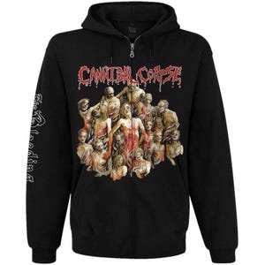 Może przedstawiać: Czarna bluza z kapturem zapinana na zamek, z logo Cannibal Corpse w czerwono-białym kolorze na piersi. Grafika z przodu przedstawia grupę bladych, udręczonych postaci. Napis The Bleeding jest nadrukowany w kolorze białym na prawym rękawie bluzy.