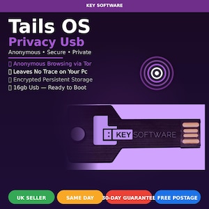 Könnte beinhalten: Ein 16gb USB-Stick in Schlüsselform mit der Aufschrift KEY SOFTWARE. Der violette Hintergrund zeigt den Text Tails OS Privacy Usb, Anonymous Browsing via Tor, Leaves No Trace on Your Pc und Encrypted Persistent Storage.