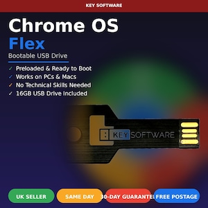 Puede incluir: Una unidad USB negra de 16GB con el texto KEY SOFTWARE, presentada sobre un fondo oscuro con el texto Chrome OS Flex Bootable USB Drive, Preloaded & Ready to Boot, Works on PCs & Macs, No Technical Skills Needed, 16GB USB Drive Included.