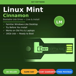 Op de afbeelding: Een 16GB USB-stick in de vorm van een sleutel, met de tekst KEY SOFTWARE. De donkergroene achtergrond toont Linux Mint Cinnamon, Bootable USB Drive, Live & Install, Familiar Windows-Like Desktop, Try Before You Install, Works on Old Pcs & Laptops, 16Gb Usb, Ready to Boot en LM.