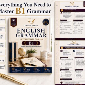 Puede incluir: Un libro de ejercicios de gramática inglesa B1 titulado Everything You Need to Master B1 Grammar, que incluye 34 páginas imprimibles, 20 lecciones, cuestionarios y una clave de respuestas. La portada muestra un globo, una planta y una taza.