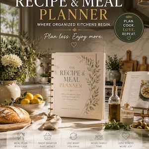 May include: A cream-colored spiral-bound recipe and meal planner book with gold lettering and a green leaf illustration on the cover. The cover text reads The Recipe & Meal Planner, Tools That Bring Calm To Your Kitchen And Joy To Your Table.