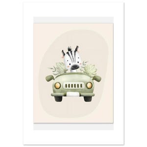 May include: A digital illustration of a small zebra with black and white stripes sitting inside a light olive green car. The car is surrounded by light green tropical leaves, and the entire scene is set against a soft, pale beige background.