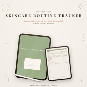 May include: A digital skincare routine tracker displayed on two tablets with a white stylus. The text reads PLANWELLGROUP SKINCARE ROUTINE TRACKER, Morning and evening, tracked without the guesswork, GoodNotes, Notability, Print at home, 26 pages, A4, US Letter and iPad, Fillable PDF.