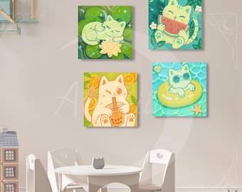Kawaii Summer Cat Print Set | Printable Wall Art | Cat Lover Gift | Kids Room Decor | Instant Download | Hand Drawn Original Artwork| Summer