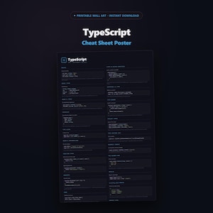 May include: A dark-themed TypeScript cheat sheet poster featuring white and blue text on a black background. The document includes code snippets, syntax examples, and technical documentation for programming, organized into clear sections.
