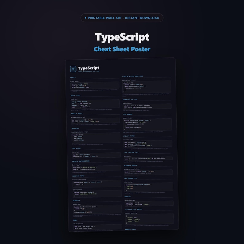 TypeScript Cheat Sheet Poster - main preview