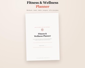Planificador de fitness y bienestar imprimible, registro de entrenamiento, seguimiento de hábitos, planificador de comidas, programa de ejercicios semanal, descarga digital en PDF.