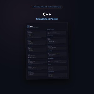May include: A dark-themed C++ cheat sheet poster featuring white text and code snippets organized into sections like basics, data types, conditionals, loops, arrays, vectors, functions, pointers, classes, and memory management on a black background.