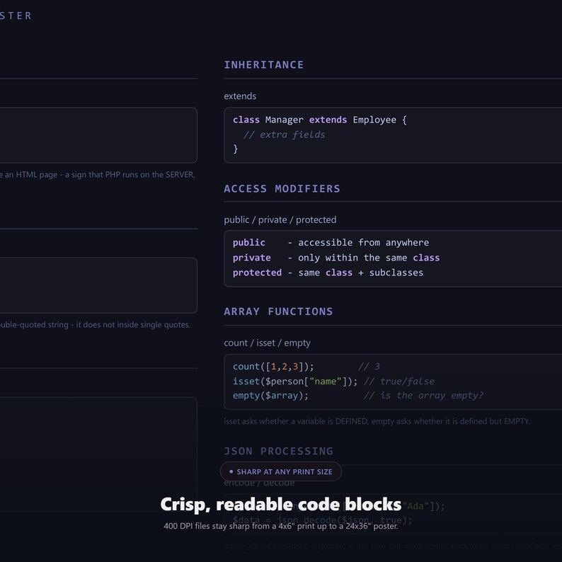 PHP Cheat Sheet Poster, Backend Developer Reference Guide, W - image 3