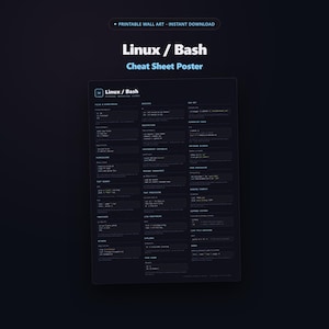 May include: A dark-themed Linux and Bash cheat sheet poster featuring white and light blue text on a black background. The document displays various command-line instructions organised into categories like permissions, processes, and network commands.