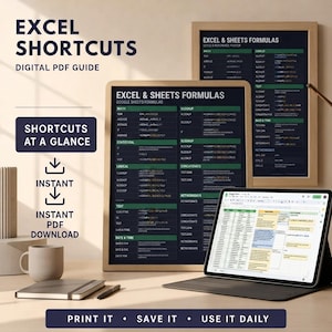May include: A digital PDF guide titled Excel Shortcuts featuring two framed posters displaying Excel and Sheets formulas in dark blue and green, alongside a tablet showing a spreadsheet, a notebook, and a mug on a desk with text overlays.