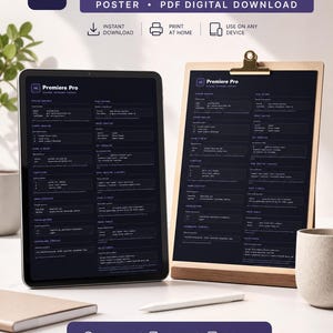 May include: A digital download of Premiere Pro shortcuts displayed on a tablet screen and a printed poster on a clipboard. The dark-themed reference guide features white text lists of software commands, organized into sections for editing tools.