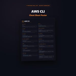 Peut inclure: Une affiche aide-mémoire AWS CLI au thème sombre avec du texte blanc et orange sur fond noir. Le document comprend des sections pour la configuration, S3, EC2, IAM, Lambda, la gestion de profil, le format de sortie et diverses commandes AWS.