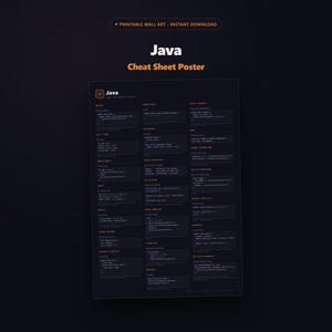 May include: A dark-themed Java cheat sheet poster featuring white code snippets and orange headings. The text includes 'Java Cheat Sheet Poster' and 'PRINTABLE WALL ART - INSTANT DOWNLOAD'. It displays various programming concepts like data types, loops, and collections in a structured grid layout.