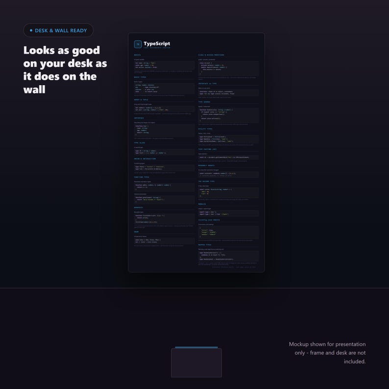 TypeScript Cheat Sheet Poster - desk and wall mockup