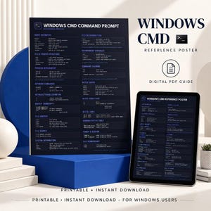 May include: A dark blue Windows CMD command prompt reference poster and a tablet displaying the same digital PDF guide. The poster features white text organized into sections like basic navigation, file operations, and system information.