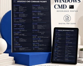 Póster con hoja de trucos del símbolo del sistema de Windows, guía de referencia de CMD, decoración de pared para espacios de trabajo de TI y desarrolladores, descarga digital de comandos por lotes de red.