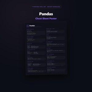 Pandas Cheat Sheet Poster, Data Analyst Reference Guide, Python DataFrame Chart, Data Science Wall Art, Digital Download