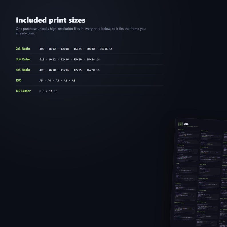 SQL Cheat Sheet Poster - included sizes