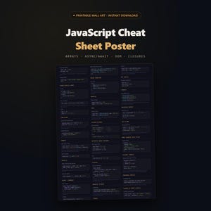 Può includere: Un poster con foglio di trucchi JavaScript a tema scuro che presenta frammenti di codice bianchi e chiari organizzati in sezioni come Arrays, Async/Await, DOM e Closures. Il testo recita JavaScript Cheat Sheet Poster, ARRAYS, ASYNC/AWAIT, DOM, CLOSURES.