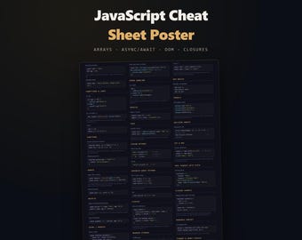 JavaScript Cheat Sheet Poster, Web Developer Reference Guide, JS Syntax Chart, Coding Wall Art, Programmer Office Decor, Digital Download