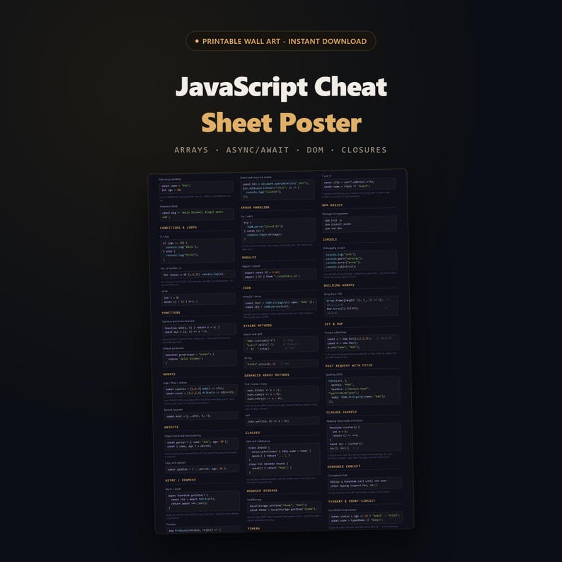 JavaScript Cheat Sheet Poster - main preview