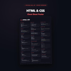 May include: A dark-themed HTML & CSS cheat sheet poster featuring white and red text on a black background. The poster displays various coding syntax, tags, and properties organized into sections, with the title HTML & CSS Cheat Sheet Poster.