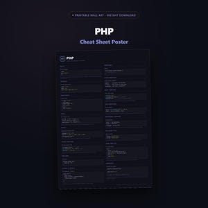 Könnte beinhalten: Ein dunkel gestaltetes PHP-Spickzettel-Poster mit weißem Text auf schwarzem Hintergrund. Das Poster zeigt verschiedene Programmiersyntax-Beispiele, Code-Schnipsel und technische Kategorien, die in einem Raster für schnellen Zugriff angeordnet sind.