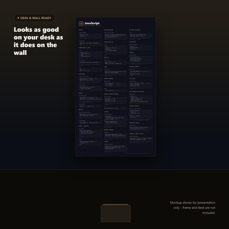JavaScript Cheat Sheet Poster - desk and wall mockup