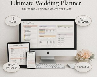 Minimalist Wedding Planner Canva Template, Budget Tracker, Guest List, Seating Plan (Digital Download)