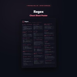 May include: A dark-themed Regex Cheat Sheet poster featuring white and pink text on a black background. The document provides a comprehensive guide to regular expressions, including basic symbols, character classes, quantifiers, and code examples.