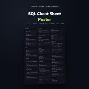 Può includere: Un poster con foglio di riepilogo SQL a tema scuro con testo bianco e verde chiaro su sfondo nero. Il poster mostra vari comandi SQL, inclusi SELECT, JOIN, GROUP BY e funzioni finestra, organizzati in blocchi di codice strutturati.