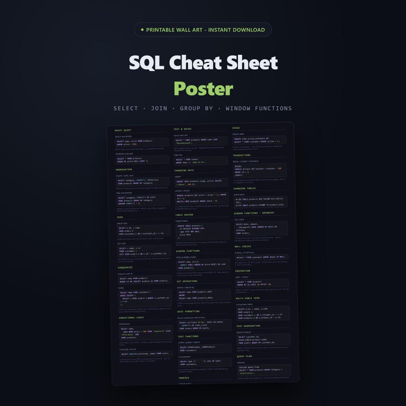 SQL Cheat Sheet Poster - main preview
