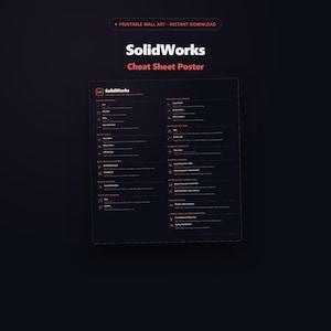 Puede incluir: Un póster de hoja de trucos de SolidWorks de tema oscuro con texto en blanco y rojo sobre un fondo negro. El documento incluye secciones para entidades de croquis, herramientas de croquis, funciones de saliente y corte, patrones y funciones.