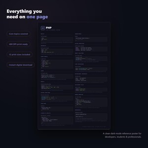 PHP Cheat Sheet Poster, Backend Developer Reference Guide, W - image 2