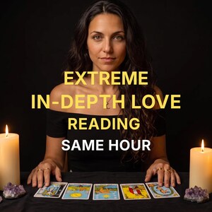 May include: A person with long dark hair wearing a black off-the-shoulder top sits behind a black table with five tarot cards, two lit white pillar candles, and two amethyst clusters. The text reads EXTREME IN-DEPTH LOVE READING SAME HOUR.