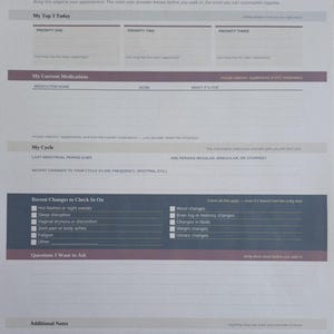 Könnte beinhalten: Ein weißer Patienten-Vorbereitungsleitfaden mit dem Titel Show Up Prepared, der Abschnitte für das Datum, die drei wichtigsten Prioritäten, Medikamente, Zyklus, Gesundheitsveränderungen, Fragen und zusätzliche Notizen mit Linien enthält.