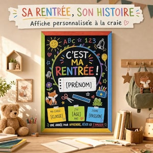 Peut inclure: Une affiche rectangulaire façon tableau noir dans un cadre multicolore avec des dessins à la craie représentant un soleil, un renard, une grenouille et des fournitures scolaires. Le texte indique C'EST MA RENTRÉE, [PRÉNOM], MA CLASSE, [ÂGE] ANS, J'AIME [PASSION].