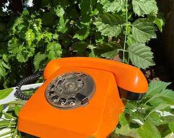 Vintage Orange Rotary Dial Telephone, 1970s Retro Desk Phone, Mid Century Decor