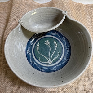 Stoneware Chip and Dip Serving Bowl with Blue & Green Glazed Vine Design
