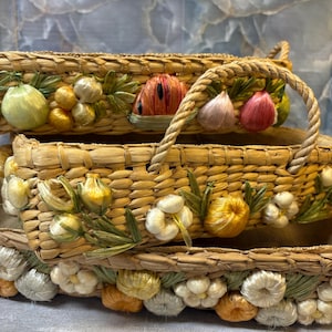 Mid Century Handwoven Straw Casserole Baskets in a Fruit Motif - Set of 3!