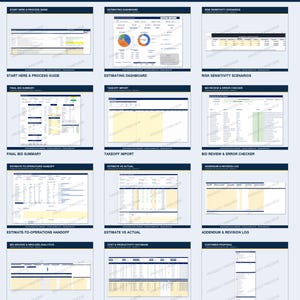 May include: A digital display showing 12 workbook previews for a commercial MEP estimating system version 2.2. The grid includes screenshots of dashboards, bid summaries, takeoff imports, error checkers, and logs with tables, charts, and text.